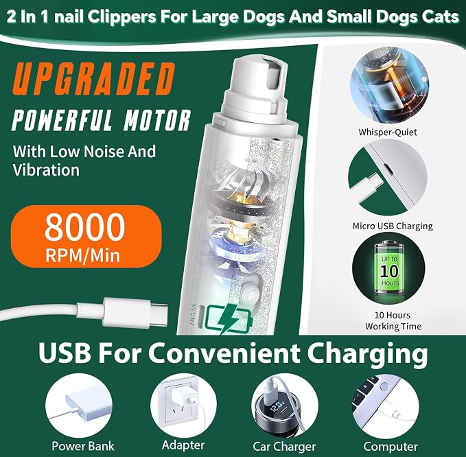 CATPICK 2-in-1 Cat Nail Clippers & Dog Nail Clippers Trimmers for Large Medium Small Dogs Cats Claw Trimmer Quick Sensor and Safety Guard USB Rechargeable with 2 LED Lights Dogs Nail Trimmer