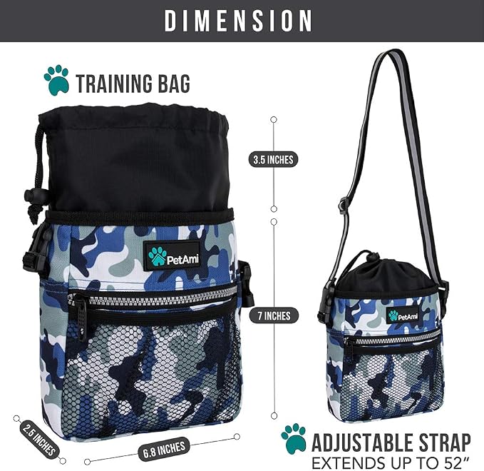 PetAmi Dog Treat Pouch, Pet Treat Pouch for Training, Dog Walking Bag Holder for Kibbles, Pet Food Toy, Dog Trainer Essentials Supplies, Poop Bag Dispenser, 3 Ways to Wear (Camo Blue)