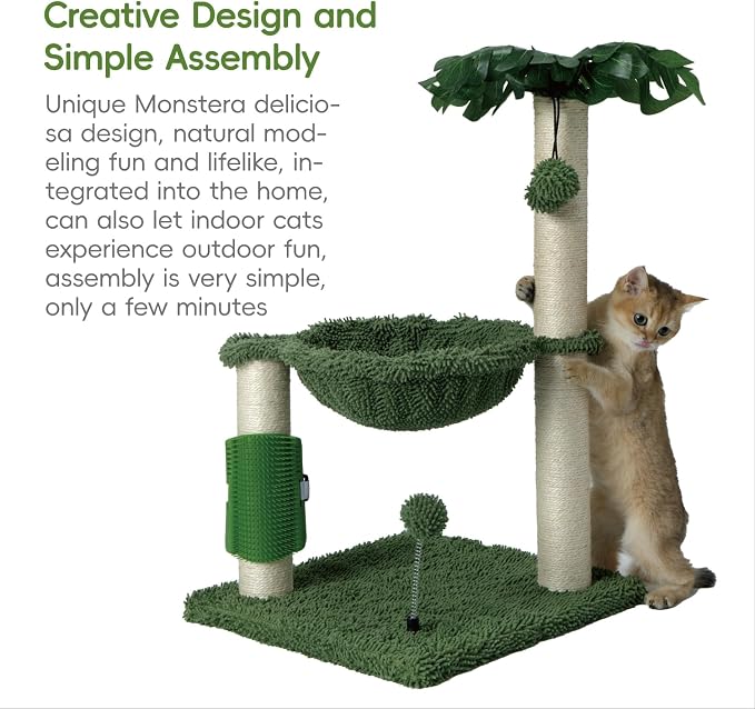 MECOOL Small Cat Tree Tower Scratching Post with Hammock for Indoor Kittens and Small Cats up to 7lb,Self-Massage Bursh Hanging Ball Toys,Monstera deliciosa Green