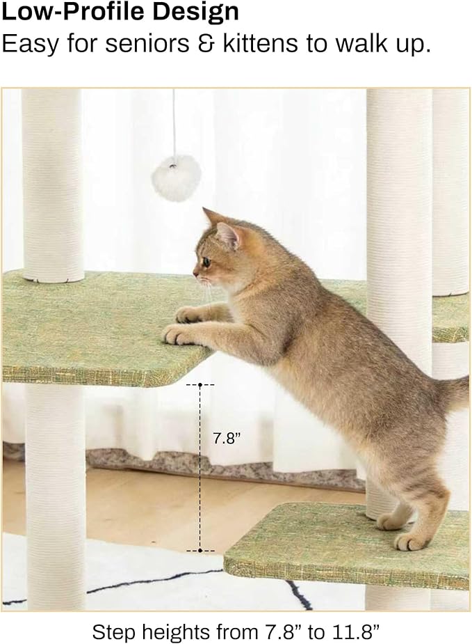 Cat Tree for Large Cat, Modern Senior Friendly Cat Tower with Wide Shelves Low Step, Cotton Scratching Posts, Super Sturdy Base, Cozy Perches, Interactive Toys (Linen Fabric Green 37.4-Inch)
