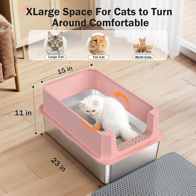 Stainless Steel Litter Box, Extra Large Litter Boxes for Big Cats, XLarge Metal Cat Litter Box with Lid, Anti-Urine Leakage XL Box with High Sides, Easy Clean, Non-Sticky, Scoop Included (Pink, XL)