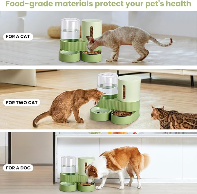Automatic Dog Cat Water Dispenser Gravity Feeder and Water Dispenser Stainless Steel 2-in-1 Set Large Capacity Dispenser for Pets Dogs, Puppies, Kittens（Green）