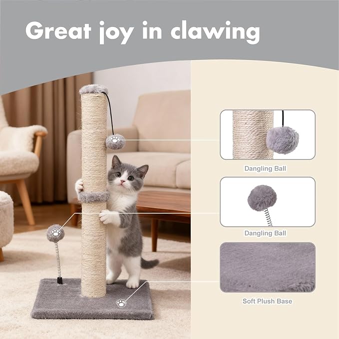 MECOOL Cat Scratching Post Premium Basics Kitten Scratcher Sisal Scratch Posts with Hanging Ball 22" for Kittens or Smaller Cats (22 inches for Kitten, Gray)