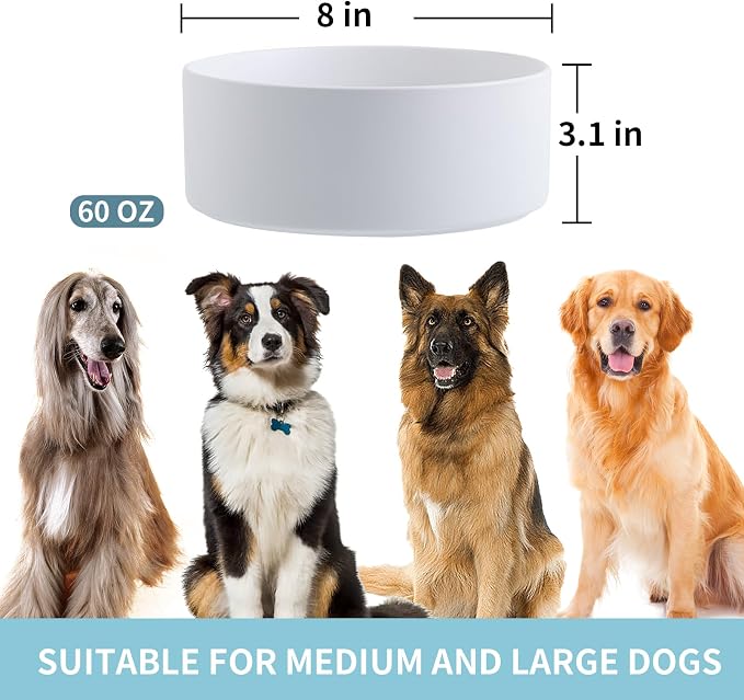 White Raised/Elevated Ceramic Dog Bowl for Medium Large Sized Breeds,Large Dog Food Water Bowl with Stand,8 in Non Slip Heavy Weighted 1800ml/ 7.6 Cups/60 OZ