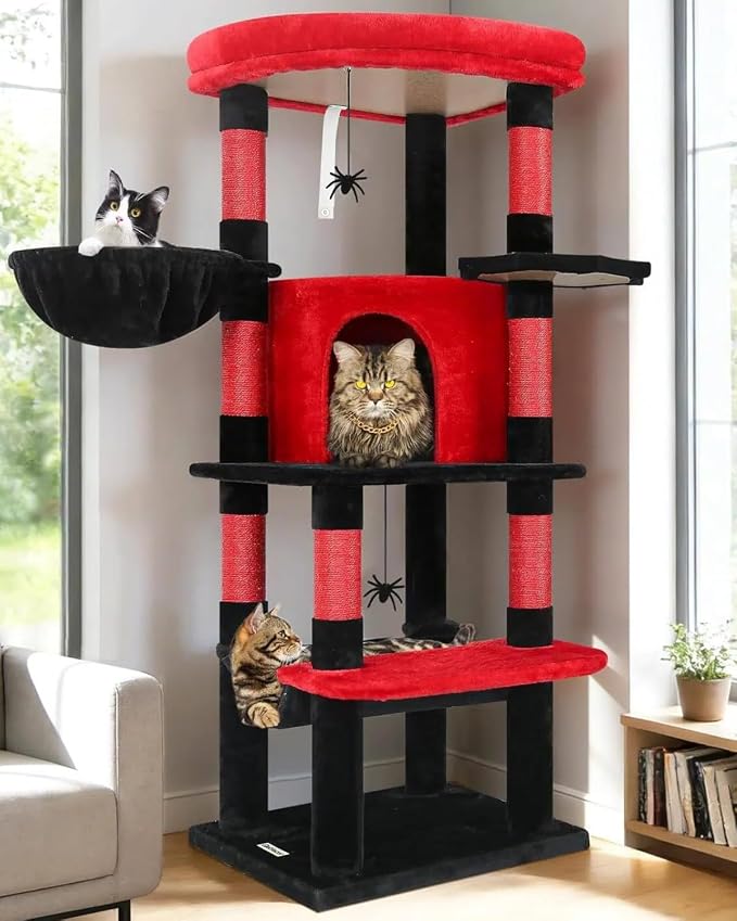 Globlazer Gothic Corner Cat Tree with Scratching Post, C51, Black Red | 51in Space-Saving Multi-Level Goth Cat Tower for Indoor Cats with Hammock, Large Top Perch for Large Cats, Cozy Cat Condo
