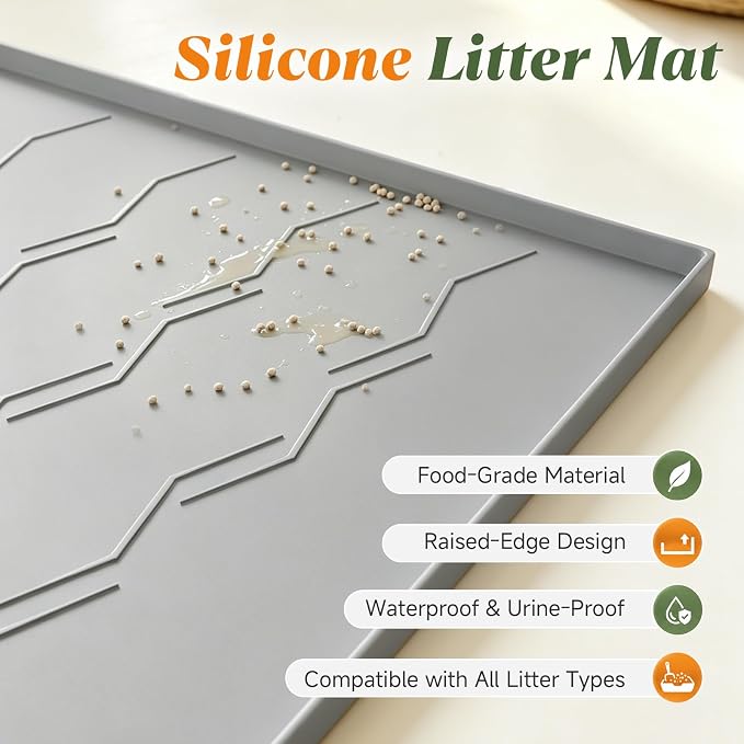 Songrey Silicone Cat Litter Mat 40" x 28", Large Litter Trapping Mat, Gray | Waterproof, Urine-Proof Litter Box Mat for Floor, Soft on Kitty Paws, Easy To Clean, Cat Supplies, Pet Feeding Mat