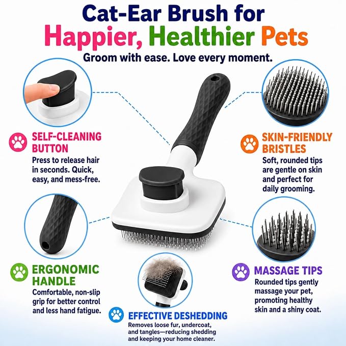 Self-Cleaning Slicker Brush, Dog Cat Bunny Pet Grooming Shedding Brush, Easy to Remove Loose Undercoat, Pet Massaging Tool Suitable for Pets with Long or Short Hair (Black)