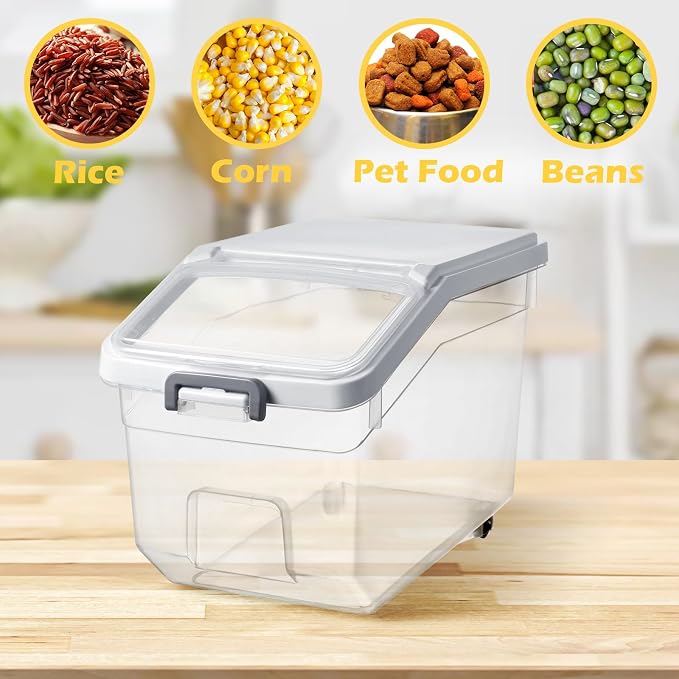 Sunnyray 4 Pcs Rice Storage Container 22 lb Airtight Flour Container with Wheels Measuring Cup Clear Pet Food Cube Dog Cat Birds Food Bin Grain Cereal Organizer Box for Dry Baking Supplies(White Lid)