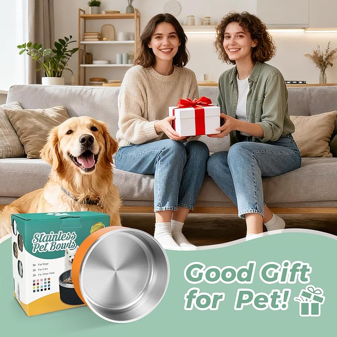 LIHONG Stainless Steel Dog Bowls for Large Dogs,Dog Food Water Bowls with Non Slip Rubber Bottom,Pet Feeding Bowl,Double Wall Insulated,Rustproof(64oz,Orange)