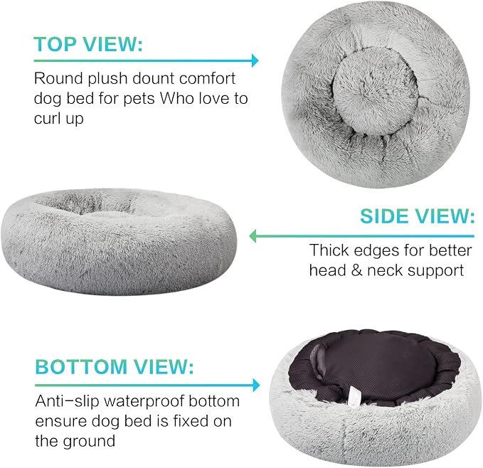 SAVFOX 36 inches Calming Donut Dog Bed - 3X Durable Plush Faux Fur, Machine Washable & Non-Slip, Fits up to 100 lbs, Light Grey