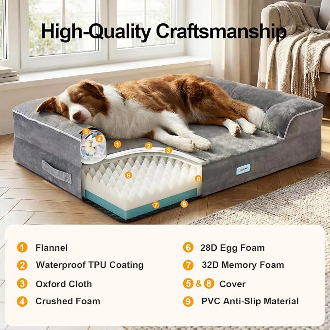 OhGeni Orthopedic Dog Bed Couch Cat Sofa for Large Sized Pets with Memory Foam, Machine-Washable Waterproof Removable Cover, Soft Comfortable Fabric, 35-inch (Gray)