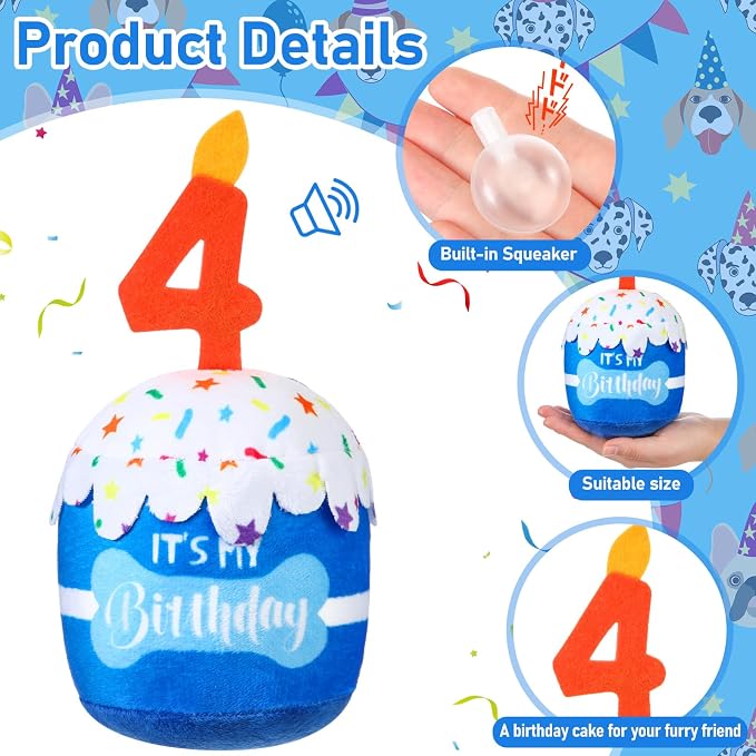 Dansydaisy Dog Birthday Cake Toy Squeaky Plush Toy for Girl Boy Gifts, Chew Accessories for Dog Birthday Party Decor Favor for Large, Medium and Small Dogs(4th,Blue)