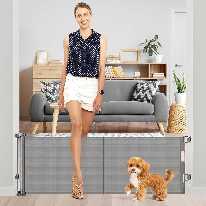 Reinforced 18 Inch Tall Retractable Pet Gate Short Dog Gates to Step Over, 55" Wide Small Dog Gate Indoor Outdoor Retractable Gate, Low Dog Gate Doggy Gate Puppy Gates for Doorways, Stairs, Gray
