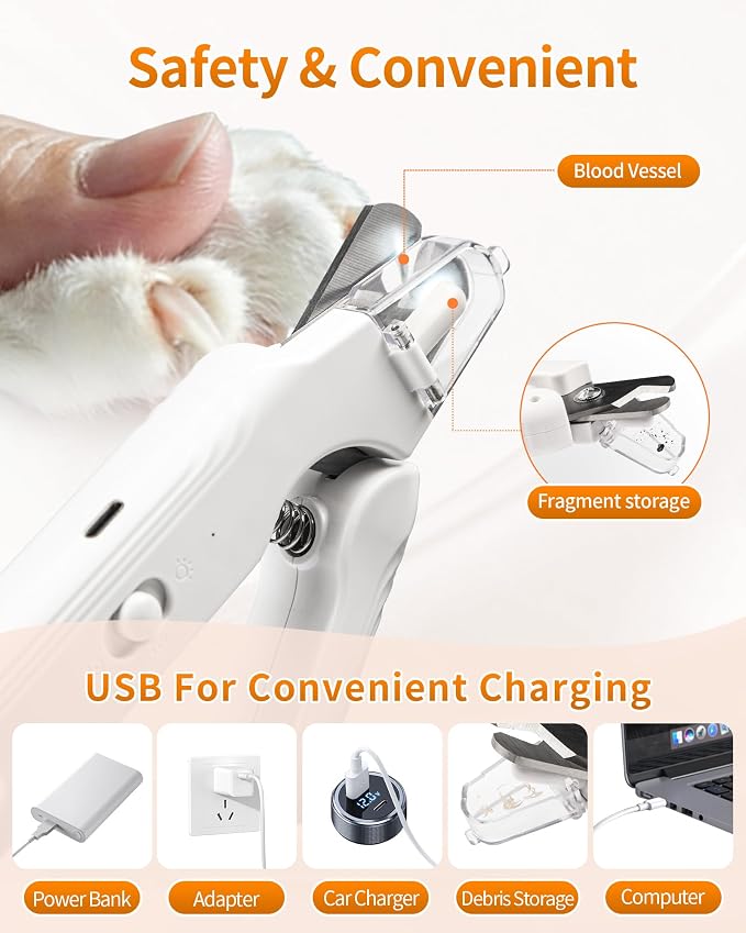 2-in-1 Dog & Cat Nail Clippers & Grinder with LED Light to Avoid the Quick | Quiet USB Rechargeable Pet Nail Trimmer with Safety Guard for Small Medium Large Pets