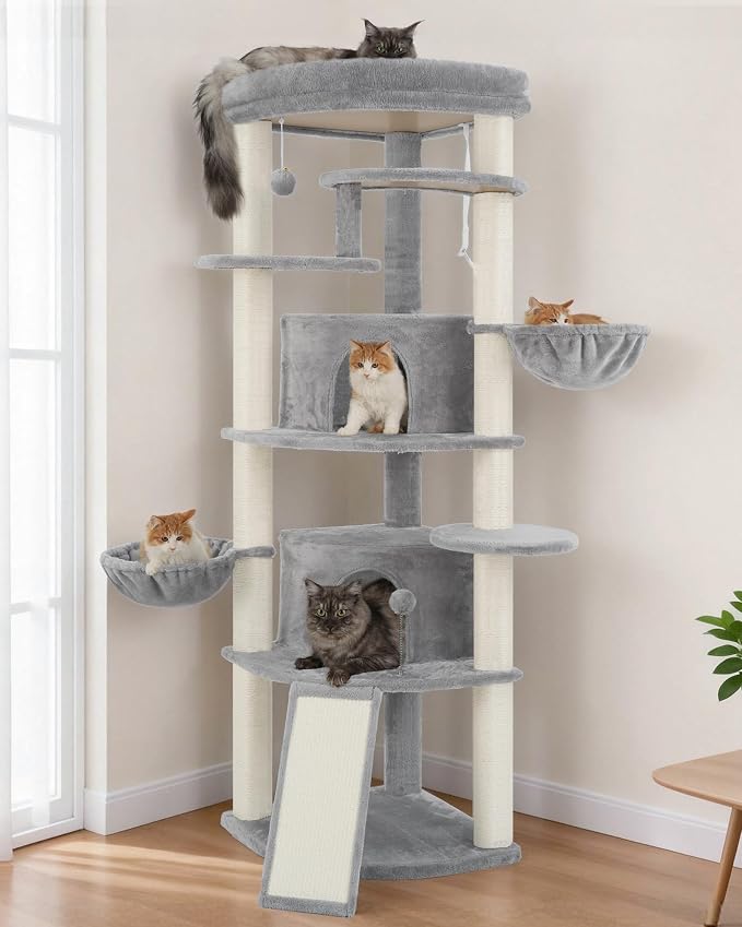 Corner Cat Tree, All Sisal Multi-Cat Scratching Posts GCT035W | 63.8" Cat Tower for Indoor Cats with Cat Condo, 2 Large Cat Caves, Big Top Perch, 2 Hanging Baskets & Sisal Ramp, Light Gray