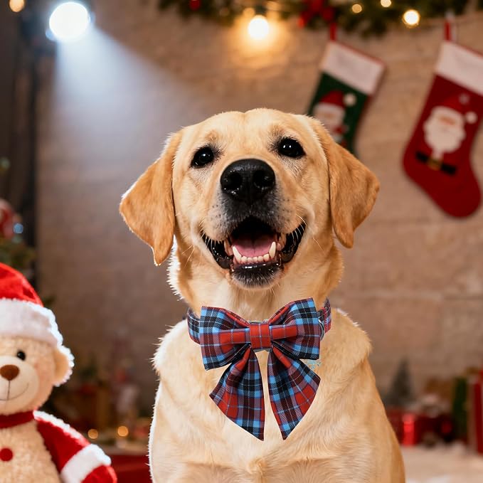 DOGWONG Christmas Dog Collar with Bow Tie, Red Green Plaid Dog Collar Durable Metal Buckle Adjustable Soft & Cute Red Grid Dogs Collars for Small Medium Large Dogs, XS