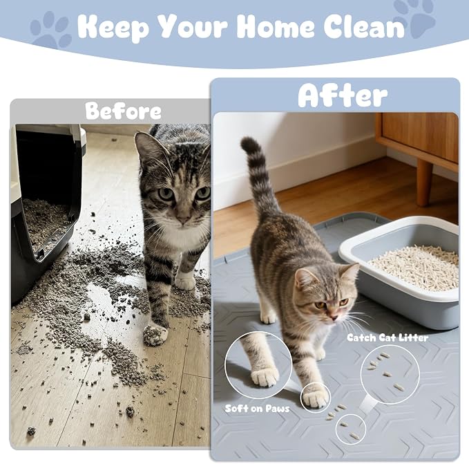 Cat Litter Box Mat, 40"*28" Large Silicone Cat Litter Trapping Mat | Non-Slip Gray Kitty Litter Mat for Indoor Cats, Waterproof Pet Food Mats Easy to Clean & Soft on Kitty Paws