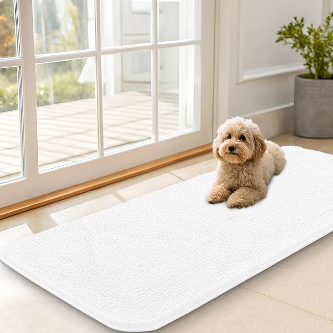 OLANLY Dog Door Mat for Muddy Paws 47x20, Super Absorbent Chenille Mud Mat | White, Absorbs Moisture and Dirt, Non-Slip Machine Washable Doormat, Quick-Drying Indoor Entryway Floor Carpet for Dogs