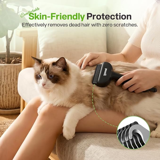 Pecute Self-Cleaning Undercoat Rake for Dogs Cats with Thick Double Coats | 1-click clean, 304SS, 18 rounded teeth, For seasonal heavy shedding & matting, Gentle on pets, Ideal for long/dense coats