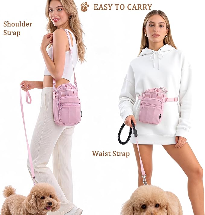 Stylish Dog Training Treat Pouch with Waist & Shoulder Strap, Dog Treat Bag for Walking and Training, Removable Waterproof Liner, Drawstring Treat Holder with Front Pocket & Clicker