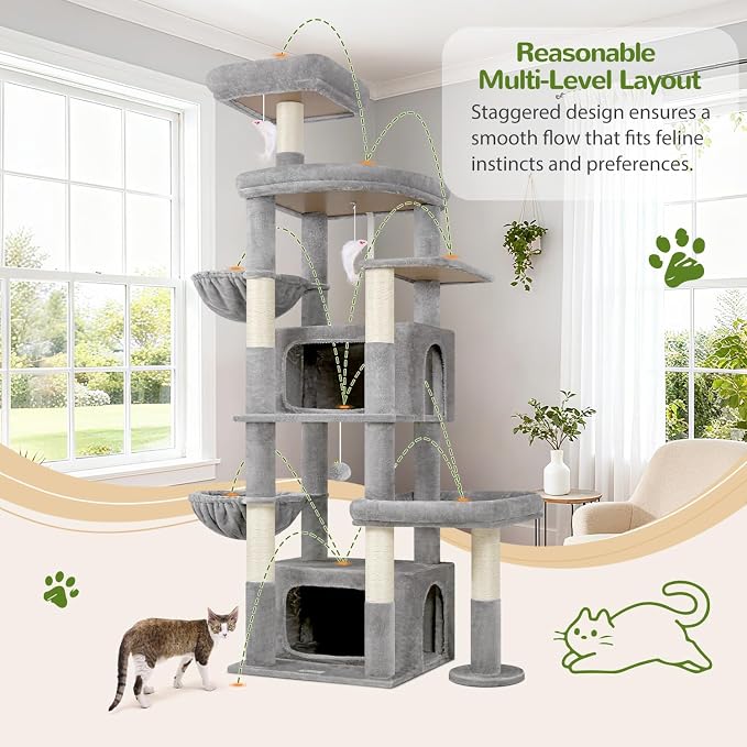 Globlazer 75in Sturdy Cat Tree Tower for Indoor Large Cat, S75, Light Grey | Multi-Level Heavy Duty Cat Tower with Scratching Post, Oversized Condos & Perches for Big Cats, Large Baskets, Enlarged Base