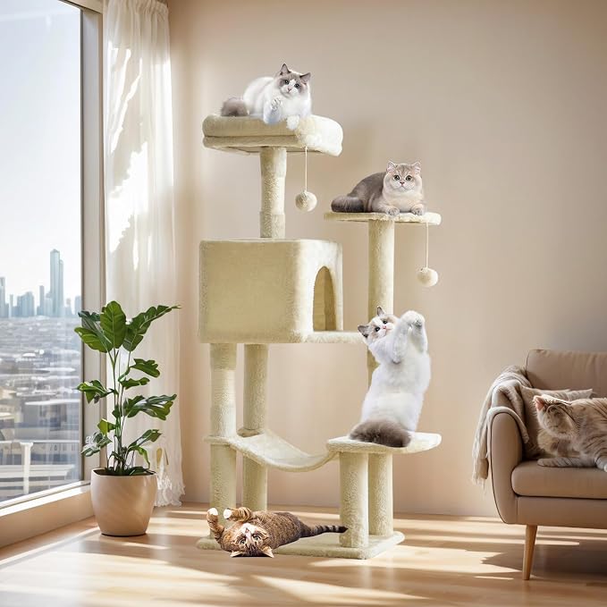 DUMOS Small 44 Inch Cat Tree Tower with Natural Sisal Scratching Posts | Cat Tree with Hammock, Pet Condo for Indoor Cats and Kittens Play, Beige