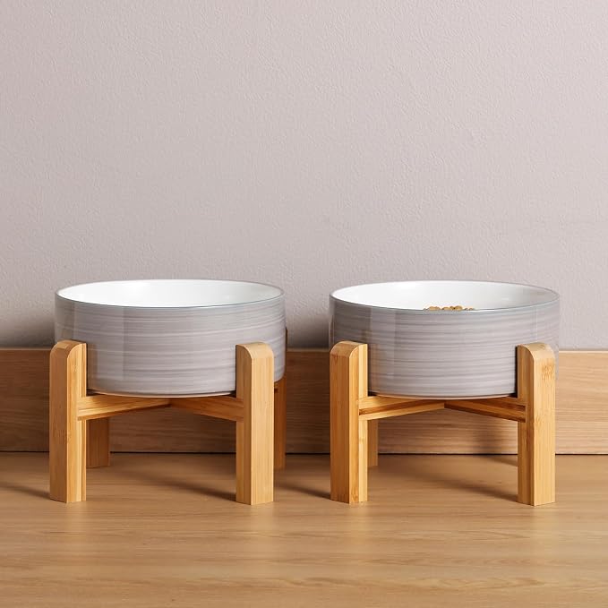 Elevated/Raised Dog Bowl Ceramic with Wood Stand for Small Medium Breed,Dog Food Water Dish Heavy, 6 in Non Slip Modern Cute Porcelain Pet Bowl Grey White