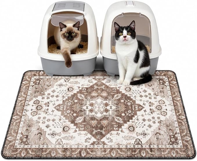Cat Litter Mat Litter Trapping Mat, 35"x23" Waterproof Urine Proof Litter Box Mat Catcher Mat Non-Slip Washable for Kitty Kitten, Brown