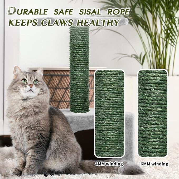 Green Sisal Rope 1/4 Inch by 65-Feet for Cat Scratching Post Tree Tower Replacement Repair and Replace, DIY Hemp Twine Rope for Kittens Shelves Scratch Mat Window Bed Perch Climbing, 6mm by 20m