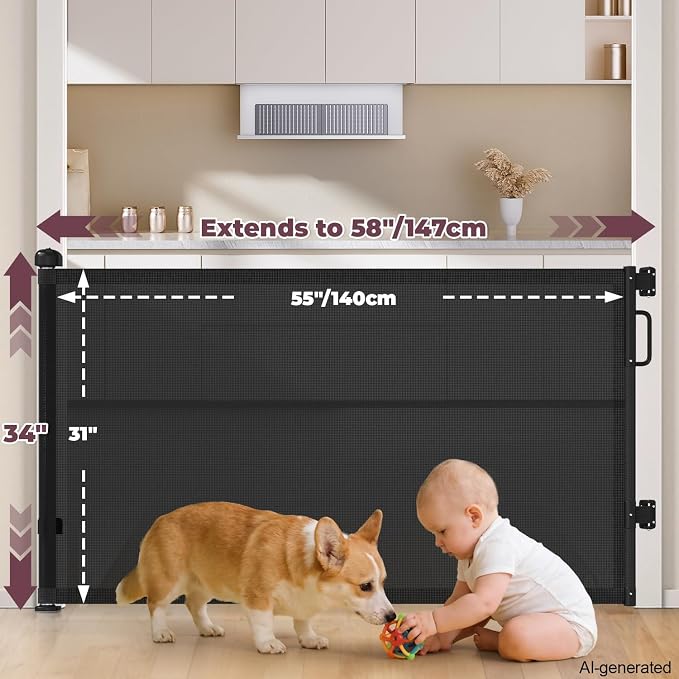 2Pack Retractable Baby Gates for Stairs, 58" Extra Wide Mesh Dog Gate for Doorways, Child Gate for Toddler Pet, Indoor and Outdoor Use, Easy Install, 34" Height, Black