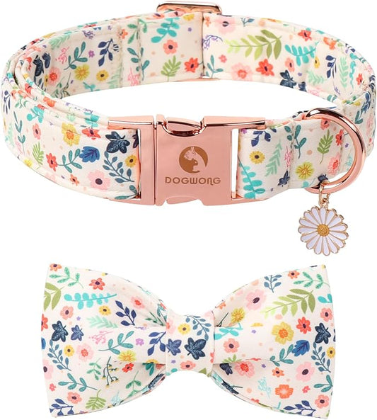 DOGWONG Flower Dog Collar with Bowtie - Cute Girl Bowtie Dog Collars, Adjustable Female Flower Pet Collars Design Dog Collar with Quick Release Buckle for Puppy Girl Female Dogs