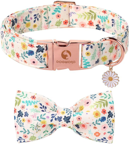 DOGWONG Flower Dog Collar with Bowtie - Cute Girl Bowtie Dog Collars, Adjustable Female Flower Pet Collars Design Dog Collar with Quick Release Buckle for Puppy Girl Female Dogs