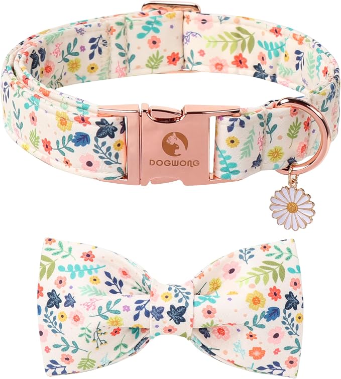 DOGWONG Flower Dog Collar with Bowtie - Cute Girl Bowtie Dog Collars, Adjustable Female Flower Pet Collars Design Dog Collar with Quick Release Buckle for Puppy Girl Female Dogs