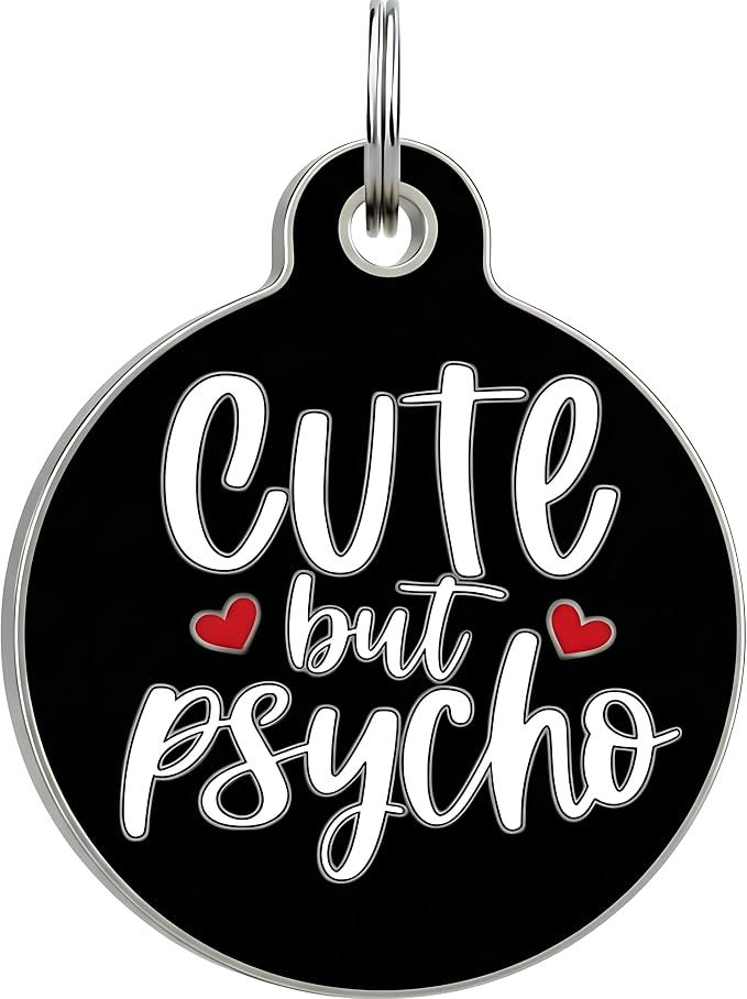 Bad Tags Personalized Dog and Cat ID Tags in 25+ Designs and 2 Sizes - 5 Lines of Custom Engraved Text - Funny Cute Personalized Pet Tags (Cute But Psycho - Black, Small (1 inch))