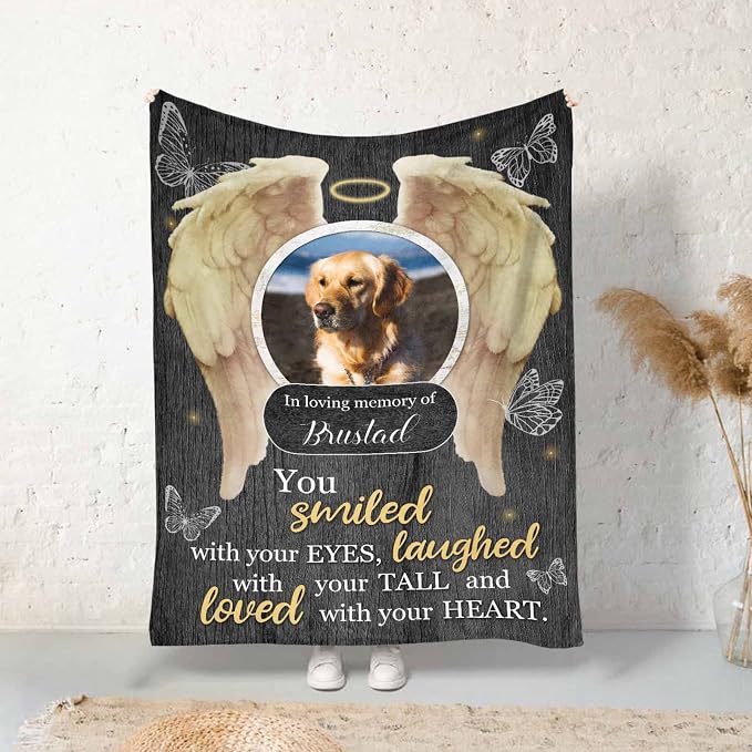 InterestPrint Custom Memorial Blanket for Dog, Angle Wings in Loving Memory Blanket Customized Loss of Pet Dog Photo Fleece Throw Blankets Warm Bereavement Gift for Dog Mom 50X60 Inch