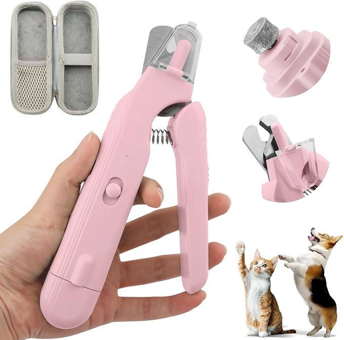 2-in-1 Dog Nail Grinder & Dog Nail Clippers Trimmers, Dogs Trimmer with LED Light + Splash Guard + Storage Case, Pet Claw Clippers for Dogs Cats, USB Rechargeable (Pink)