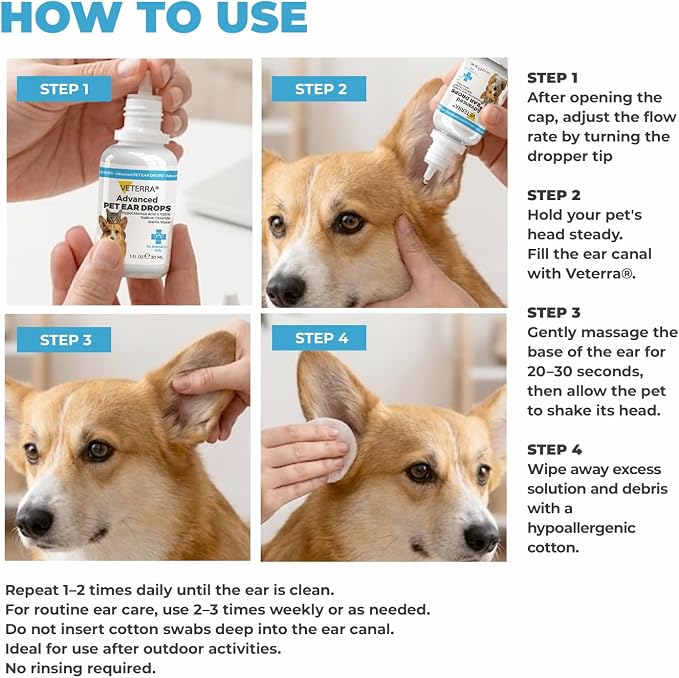 Dog and Cat Ear Cleaning Solution for Dog & Cat – Vet Recommended Ear Cleaner, Helps Remove Wax & Odor, Supports Healthy Ears, Gentle No-Rinse Formula - 1 Oz - 30 Ml