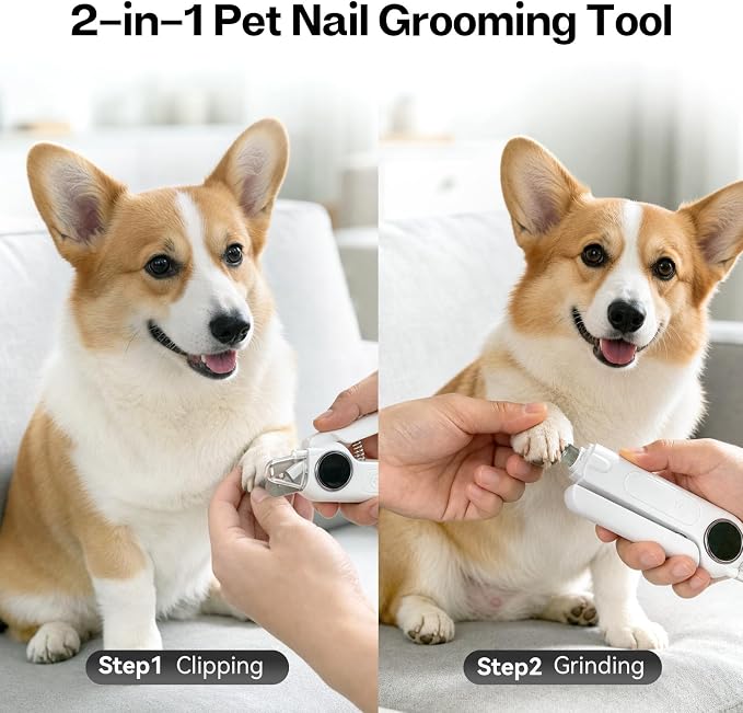 2 in 1 Dog and Cat Nail Grinder and Clipper 3 Speed LED | Rechargeable Cordless Design, Quiet Low Vibration Operation, Small Medium Large Pets, Convenient at Home Grooming