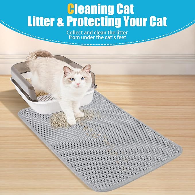 Cat Litter Mat 26"x24.5", Double Layer Waterproof Litterbox Mat, Gray | Non-slip backing, washable for easy cleanup, traps stray litter with waterproof honeycomb large grid that is urine-proof.