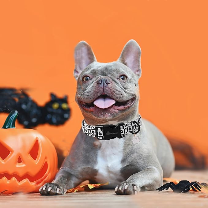 ARING PET Halloween Dog Collar, Ghost Flower Pet Collars for Small Medium Large Girl Boy Dogs Puppy Collar with Quick Release Buckle-Black White XS Size