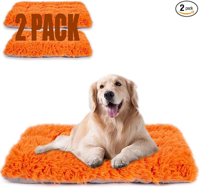 Machine Washable Dog Bed, Deluxe Plush Dog Crate Pad and Cat Bed, Anti-Slip Bottom Kennel Pad Mat, Fuzzy Pet Beds for Large, Medium, Small Dogs Breeds (Orange, 24.0" L x 18.0" W x 3.0" Th x 2 Pack)