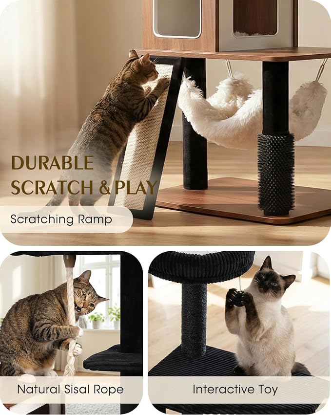 61" Modern Cat Tree, Tall Cat Tower with Self-Grooming Brush | Removable Washable Cushion, Pyramid Anti-Tip Base, Cat Furniture, Cozy Cat Condo, Sisal Scratching Post, Multi-Cat Household