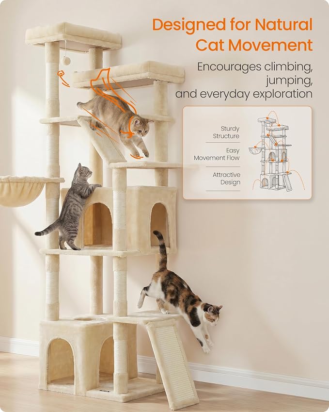 Feandrea 72.6-Inch Tall Cat Tree Tower for Indoor Extra Large Cats, Scratching Posts, Scratching Boards, Multi-Level Design, Beige UPCT014Y101S