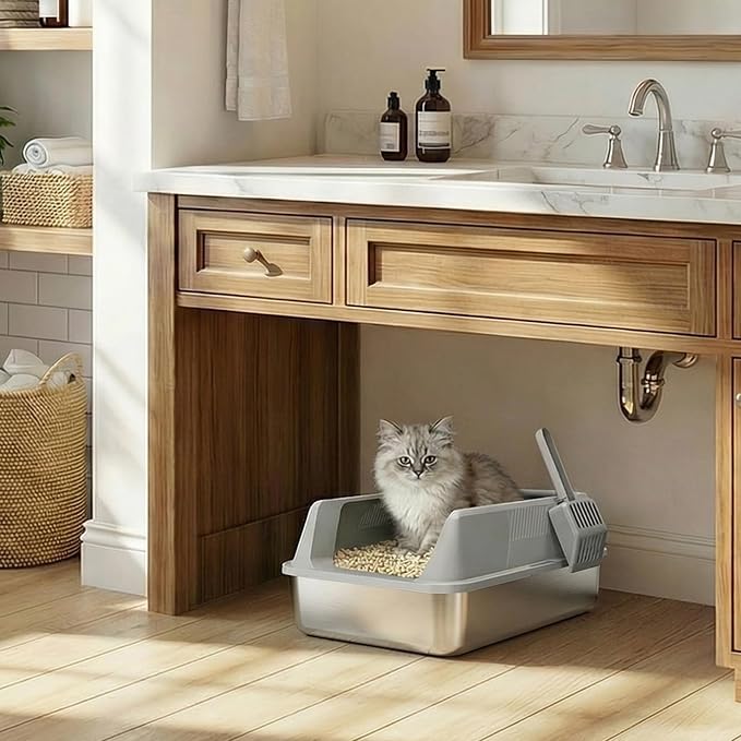 Lifewit Stainless Steel Litter Box for Kitty, Small Metal Cat Litter Tray with Non-Slip Pads, Anti-Leakage Top Entry and High Sided, Easy to Clean, 17.7" L×13.8" W×8.3" H, Gray