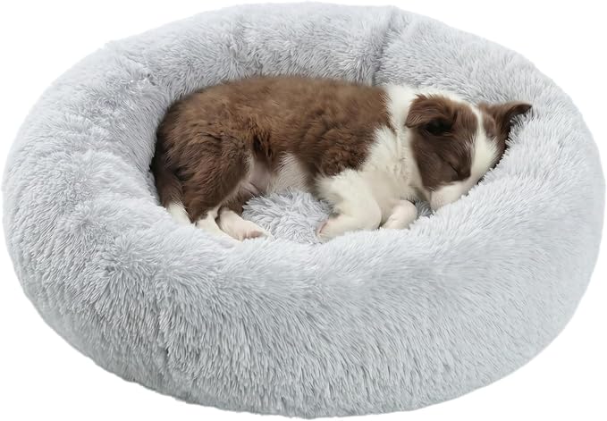SAVFOX 23 inches Calming Donut Dog Bed - 3X Durable Plush Faux Fur, Machine Washable & Non-Slip, Fits up to 25 lbs, Light Grey