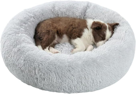 SAVFOX 23 inches Calming Donut Dog Bed - 3X Durable Plush Faux Fur, Machine Washable & Non-Slip, Fits up to 25 lbs, Light Grey