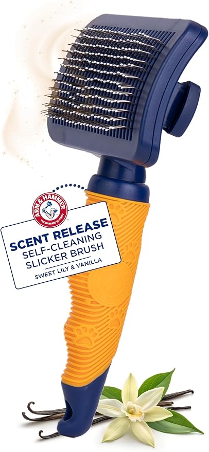 Arm & Hammer Deodorizing Slicker Dog Brush, Sweet Lily & Vanilla Scent | Fragrance transfer technology, baking soda infused, self-cleaning button, removes loose fur and tangles