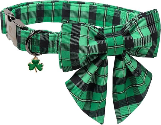 DOGWONG St. Patrick's Day Dog Collar with Sailor Bowtie, Green Plaid Bowtie Dog Collar for Small Medium Large Dogs,S
