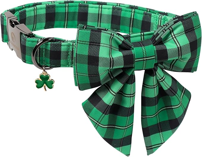 DOGWONG St. Patrick's Day Dog Collar with Sailor Bowtie, Green Plaid Bowtie Dog Collar for Small Medium Large Dogs,XL