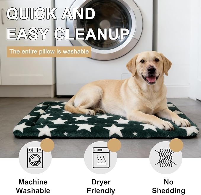 Dog Bed Mat – Soft & Comfortable Dog Kennel Pad for Crate – Durable Crate Bed & Mat for Dogs & Cats – Ideal for Crate, Kennel, and Home Use (Big&Little Stars Green, L(35"*23"*1.5"))